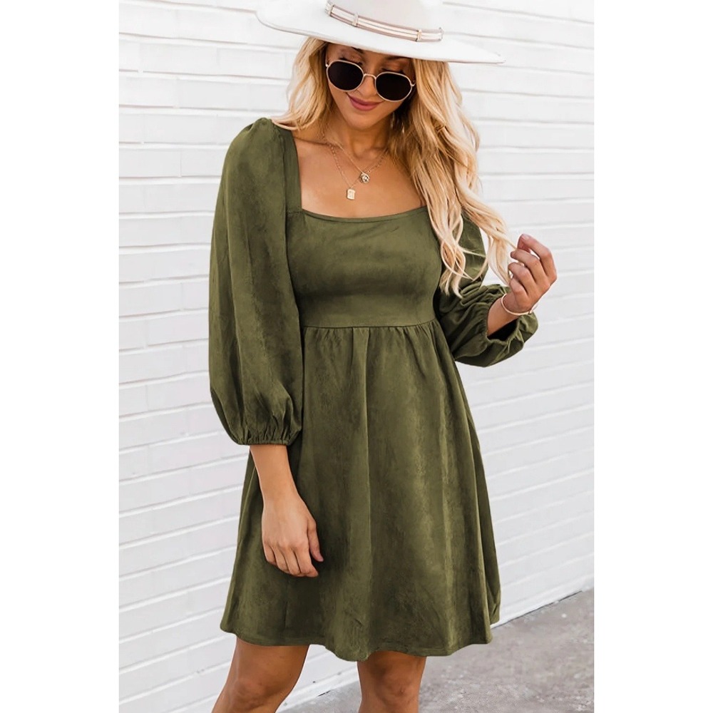 BiBi Womens Square Neck Babydoll Dress Size Large Olive Green Balloon Sleeves